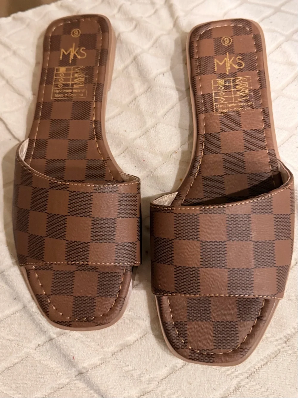 MKS Brown Check Slide Sandals for Women